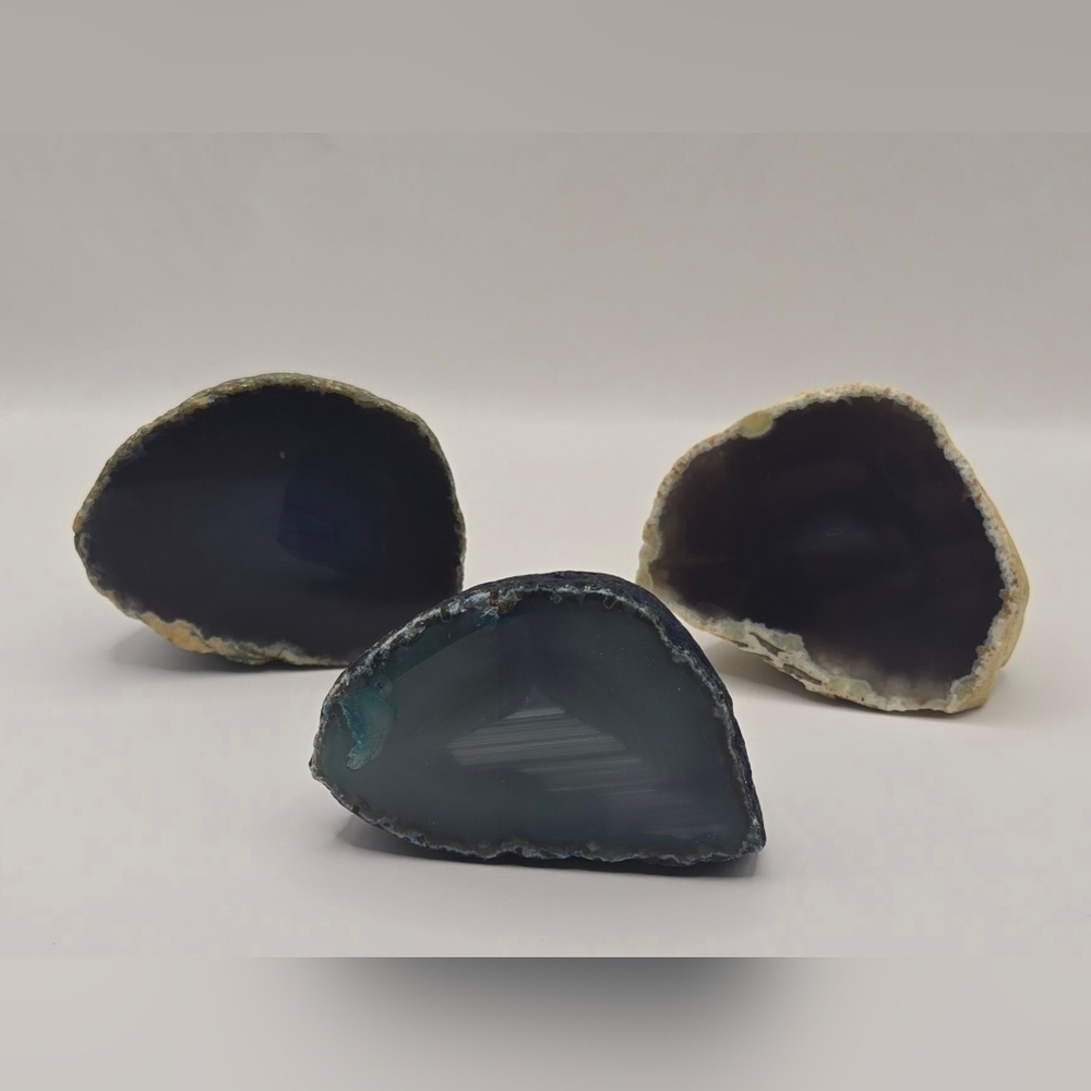 Set of 3 Polished Agate Slices Natural Crystal Mineral Specimens Decor